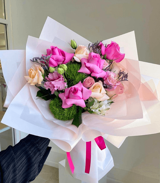 Pembe Sarı Gül ve Lisyantus Buketi